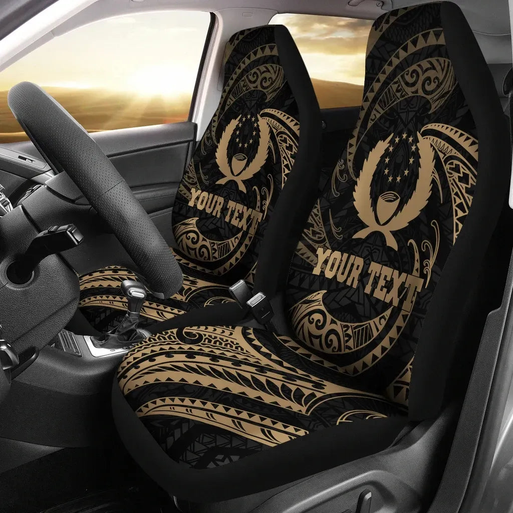 Pohnpei Micronesian Custom Personalised Car Seat Covers - Gold Tribal Wave