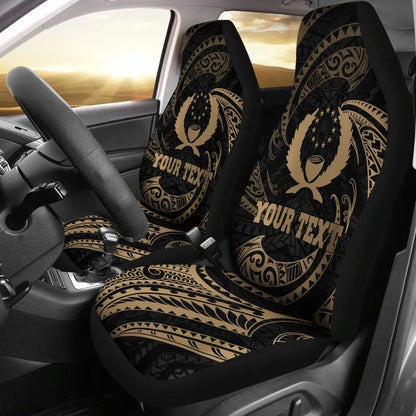 Pohnpei Micronesian Custom Personalised Car Seat Covers - Gold Tribal Wave