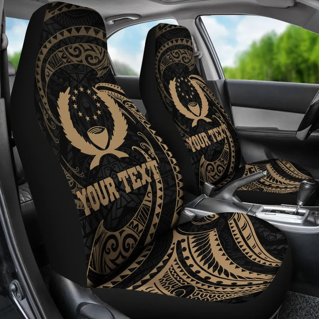 Pohnpei Micronesian Custom Personalised Car Seat Covers - Gold Tribal Wave