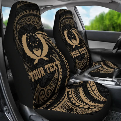 Pohnpei Micronesian Custom Personalised Car Seat Covers - Gold Tribal Wave