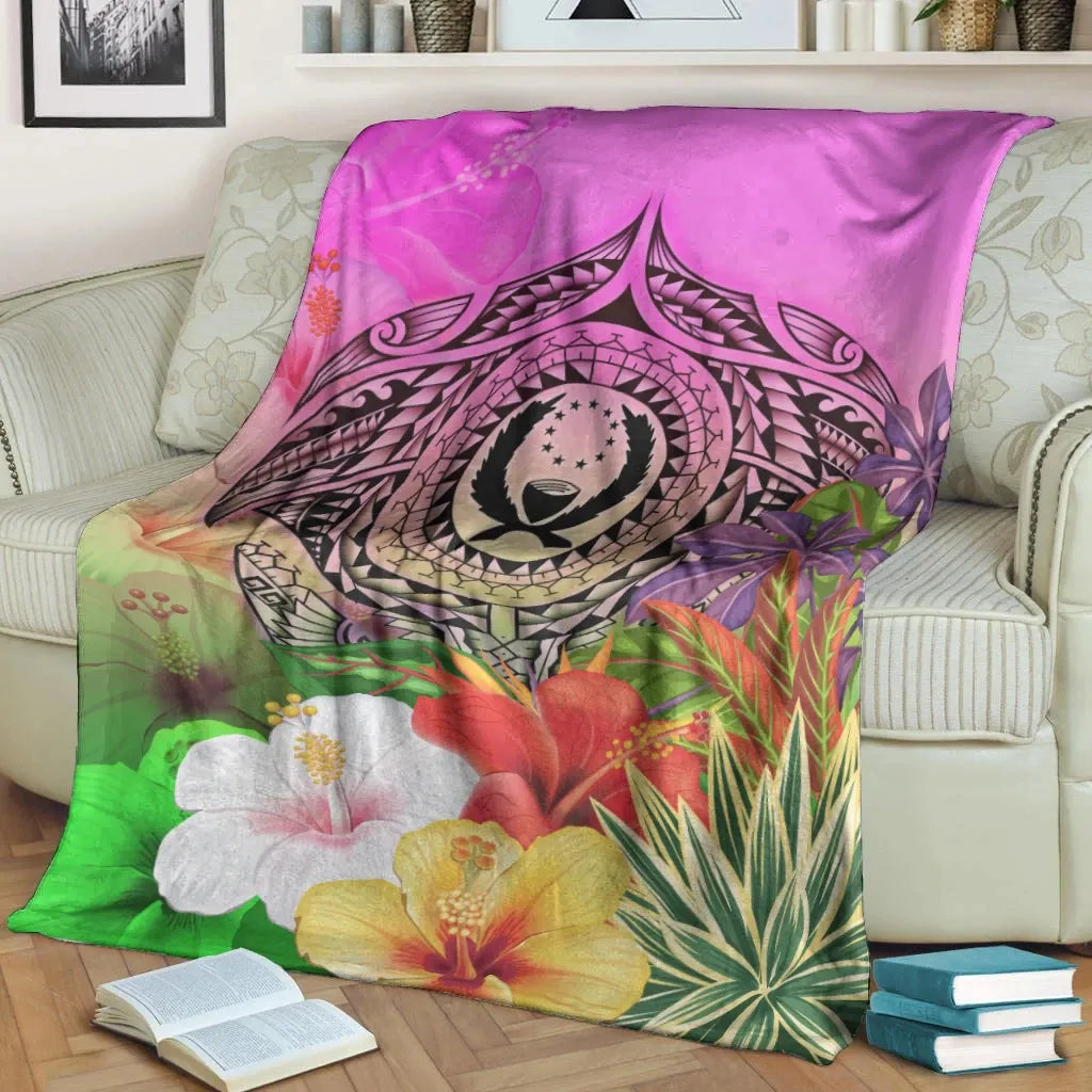 Pohnpei Polynesian Premium Blanket - Manta Ray Tropical Flowers