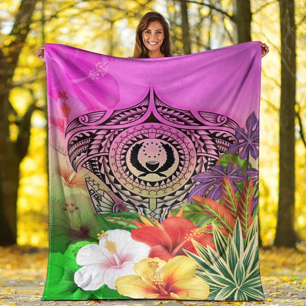 Pohnpei Polynesian Premium Blanket - Manta Ray Tropical Flowers