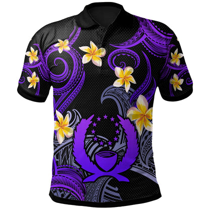 Pohnpei Polo Shirt - Custom Personalised Polynesian Waves with Plumeria Flowers (Purple)