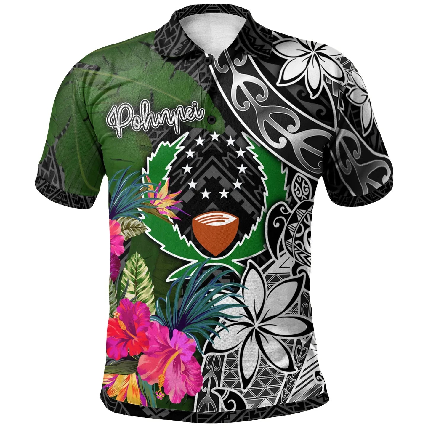 Pohnpei Polo Shirt - Turtle Plumeria Banana Leaf