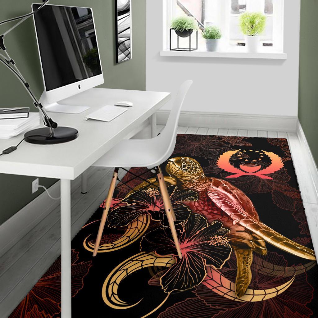 Pohnpei Polynesian Area Rugs - Turtle With Blooming Hibiscus Gold