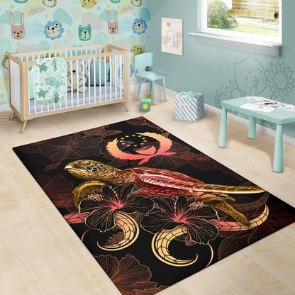 Pohnpei Polynesian Area Rugs - Turtle With Blooming Hibiscus Gold