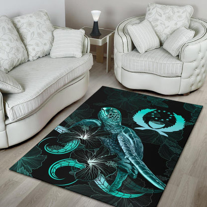 Pohnpei Polynesian Area Rugs - Turtle With Blooming Hibiscus Turquoise