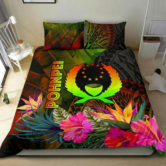 Pohnpei Polynesian Bedding Set - Hibiscus And Banana Leaves
