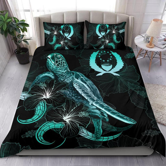 Pohnpei Polynesian Bedding Set - Turtle With Blooming Hibiscus Turquoise