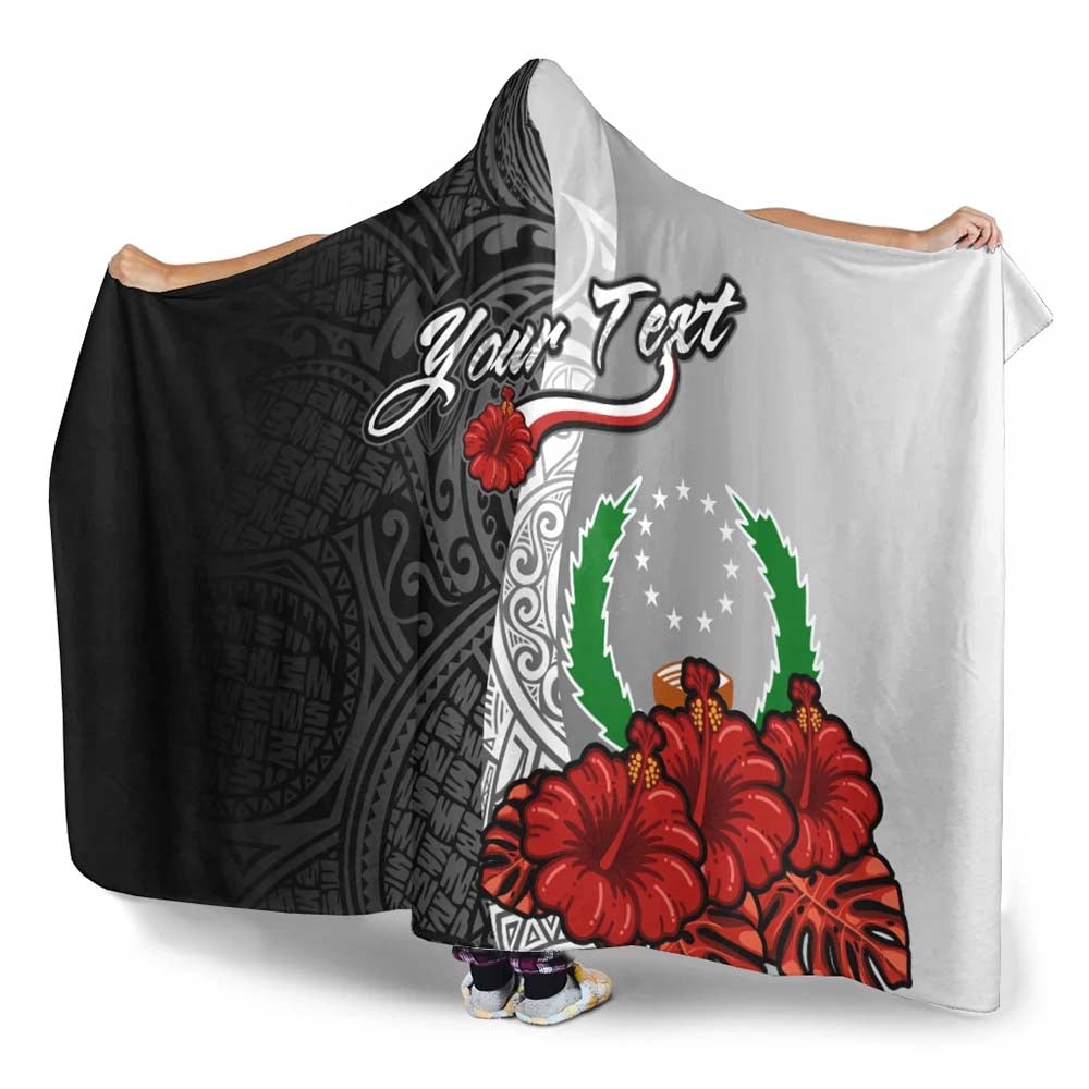 Pohnpei Polynesian Custom Personalised Hooded Blanket- Coat Of Arm With Hibiscus White