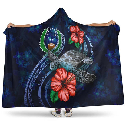 Pohnpei Polynesian Hooded Blanket - Blue Turtle Hibiscus