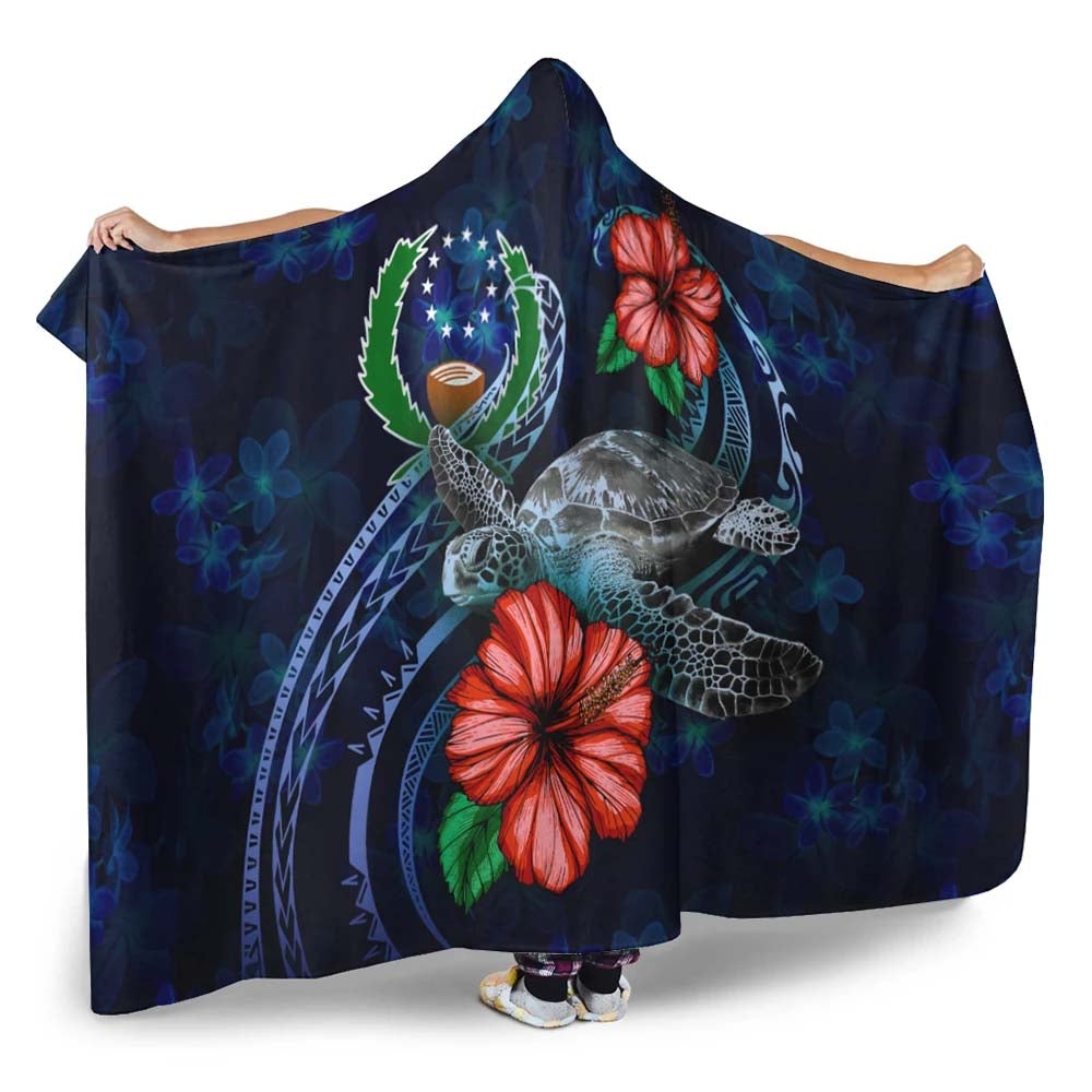 Pohnpei Polynesian Hooded Blanket - Blue Turtle Hibiscus