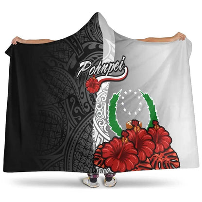 Pohnpei Polynesian Hooded Blanket- Coat Of Arm With Hibiscus White