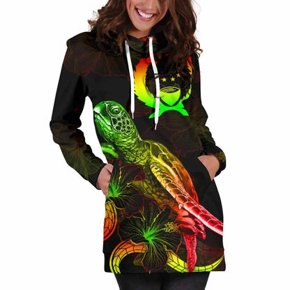 Pohnpei Polynesian Hoodie Dress - Turtle With Blooming Hibiscus Reggae