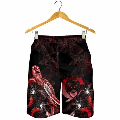 Pohnpei Polynesian Men Shorts - Turtle With Blooming Hibiscus Red