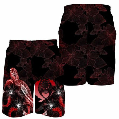 Pohnpei Polynesian Men Shorts - Turtle With Blooming Hibiscus Red