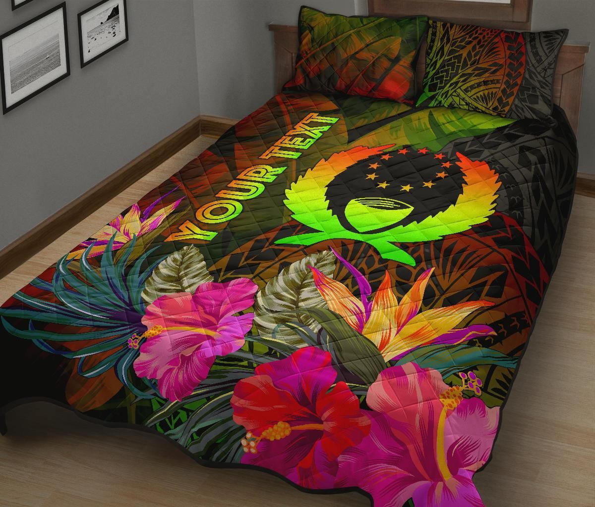Pohnpei Polynesian Personalised Quilt Bed Set - Hibiscus and Banana Leaves