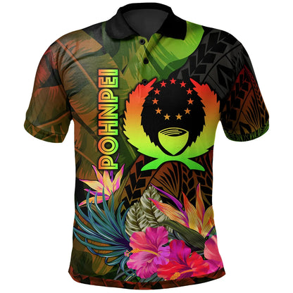 Pohnpei Polynesian Polo -  Hibiscus and Banana Leaves