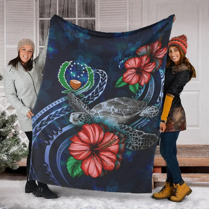 Pohnpei Polynesian Premium Blanket - Blue Turtle Hibiscus