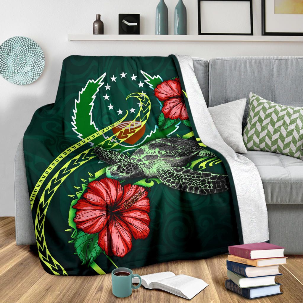 Pohnpei Polynesian Premium Blanket - Green Turtle Hibiscus