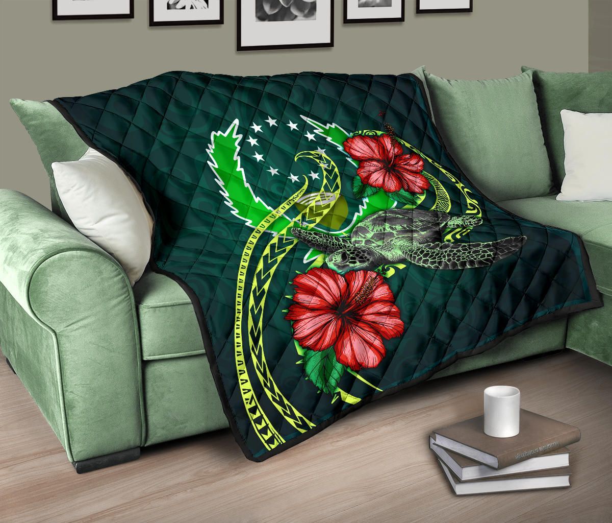 Pohnpei Polynesian Premium Quilt - Green Turtle Hibiscus