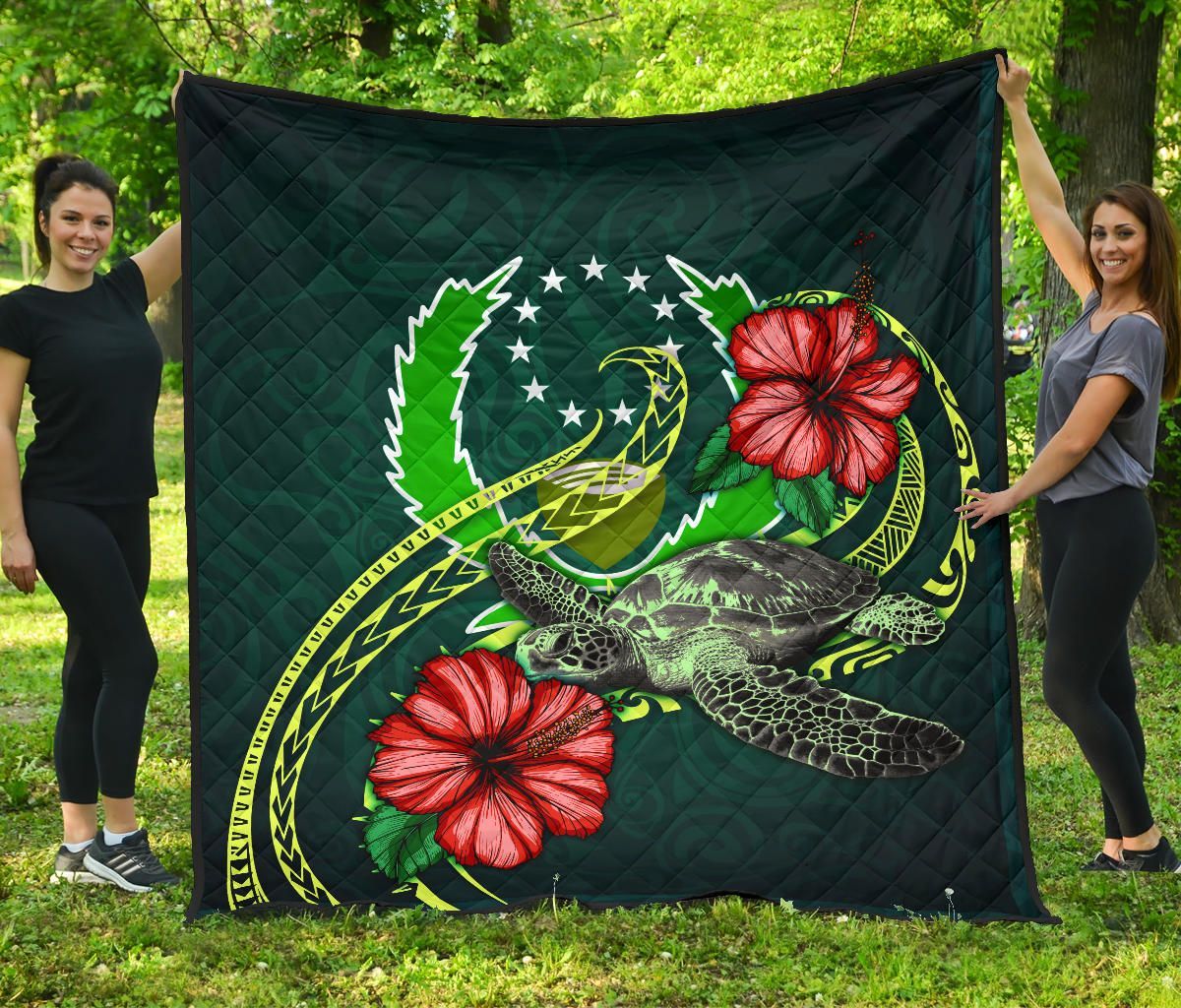 Pohnpei Polynesian Premium Quilt - Green Turtle Hibiscus