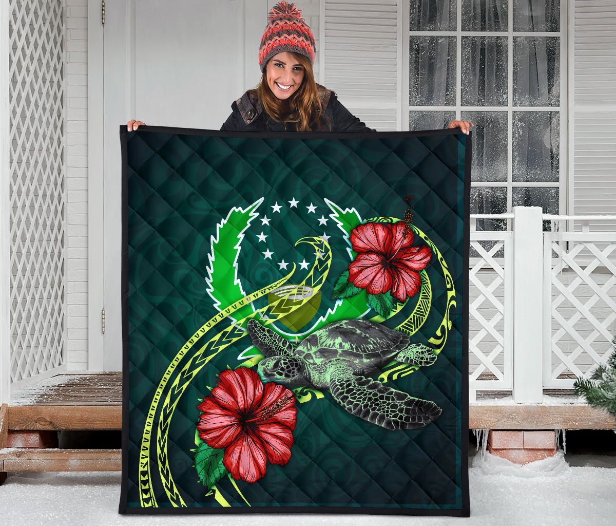 Pohnpei Polynesian Premium Quilt - Green Turtle Hibiscus