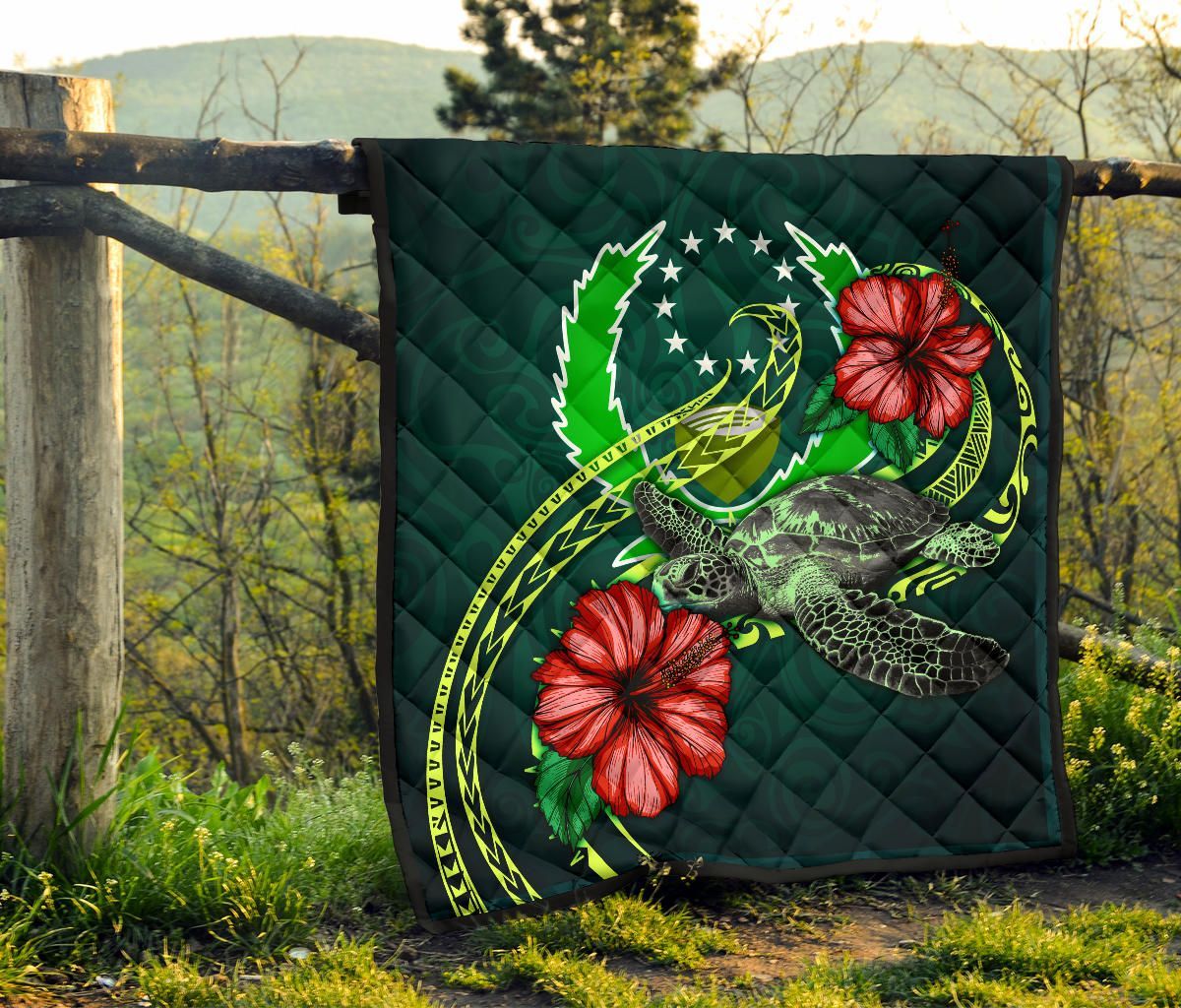 Pohnpei Polynesian Premium Quilt - Green Turtle Hibiscus