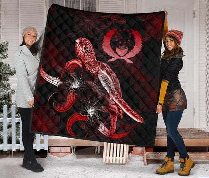 Pohnpei Polynesian Premium Quilt - Turtle With Blooming Hibiscus Red