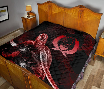 Pohnpei Polynesian Premium Quilt - Turtle With Blooming Hibiscus Red