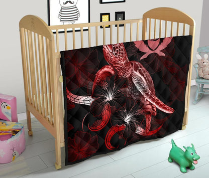Pohnpei Polynesian Premium Quilt - Turtle With Blooming Hibiscus Red