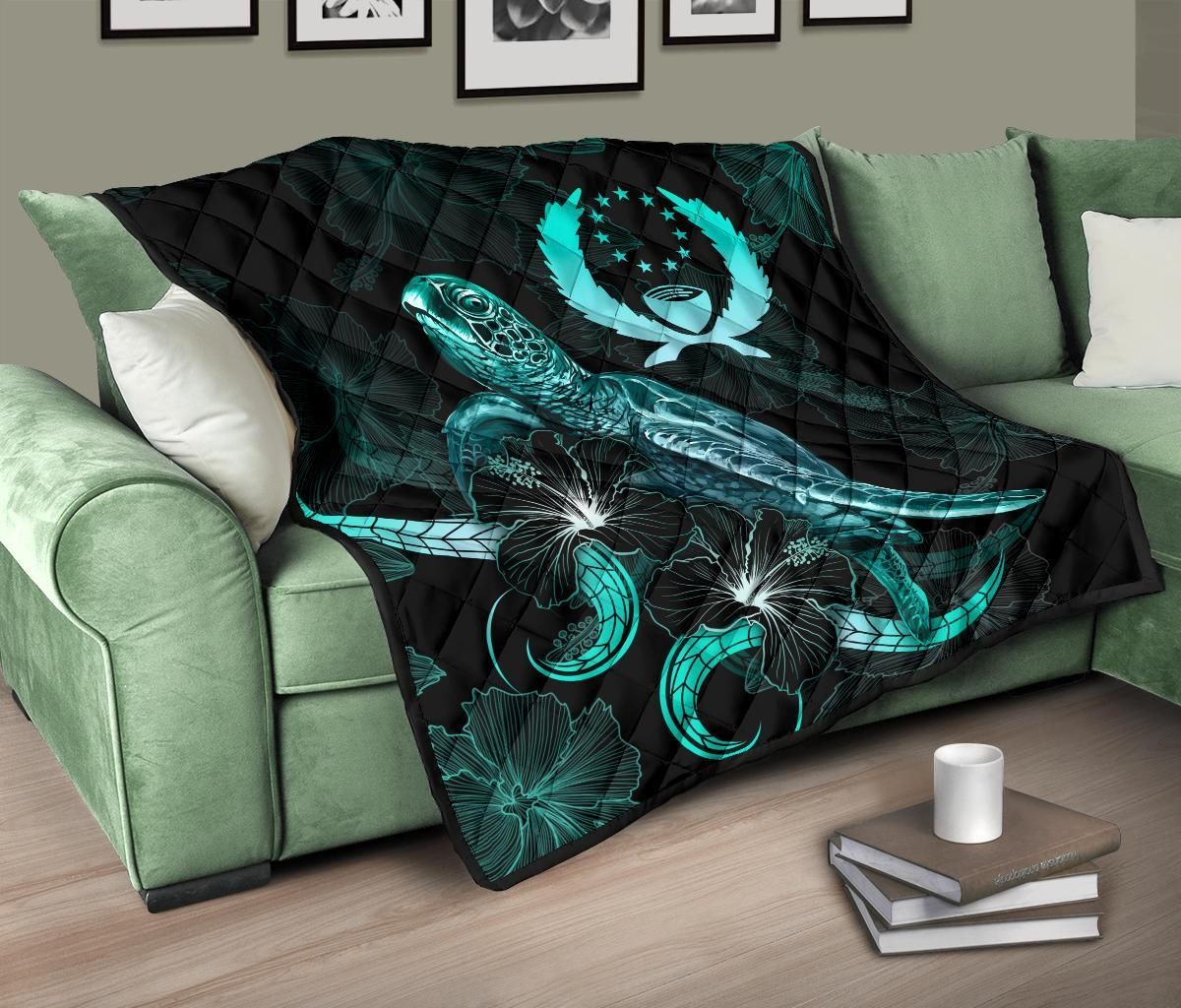 Pohnpei Polynesian Premium Quilt - Turtle With Blooming Hibiscus Turquoise