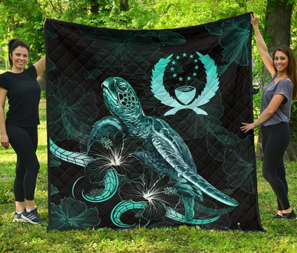 Pohnpei Polynesian Premium Quilt - Turtle With Blooming Hibiscus Turquoise