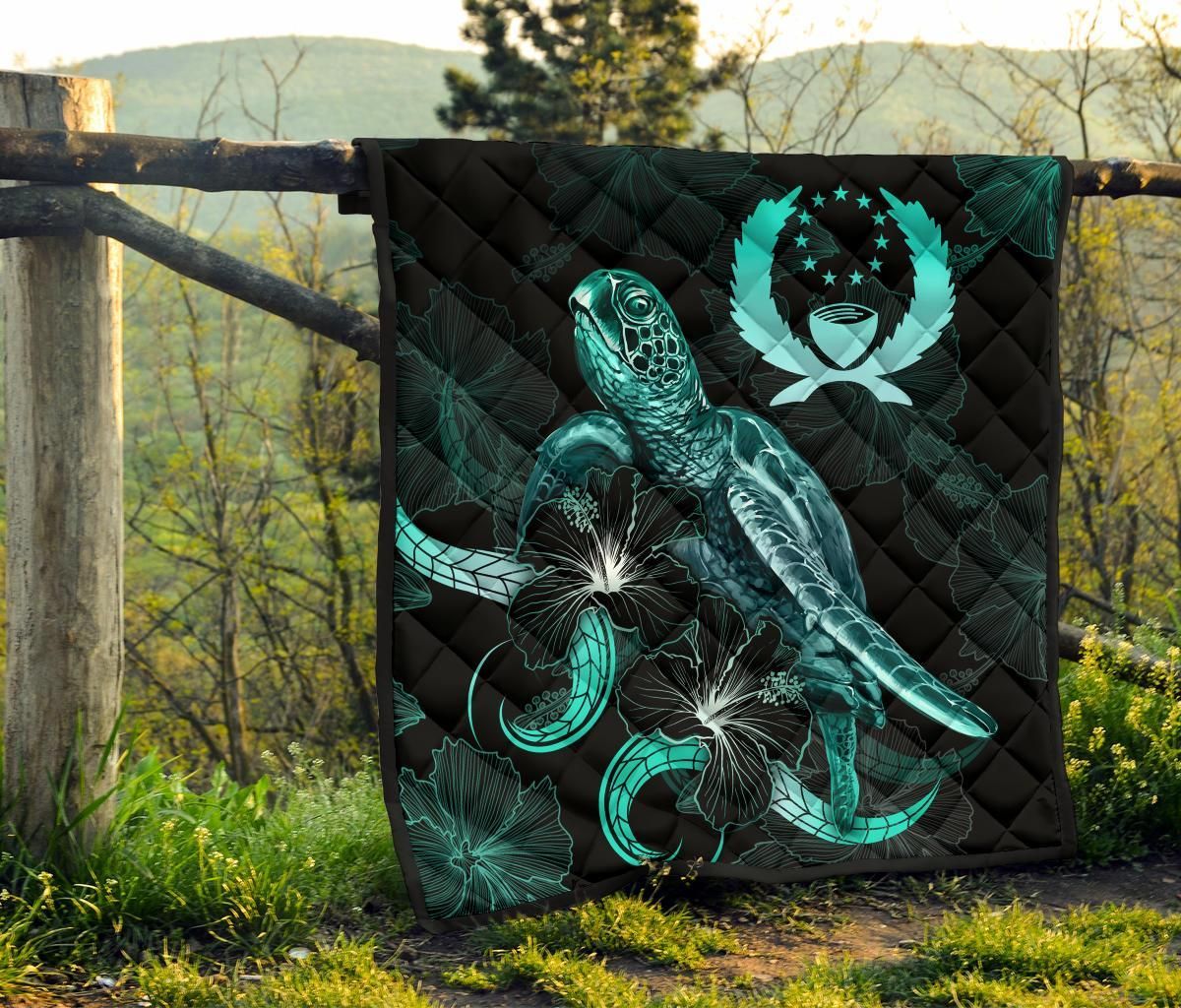 Pohnpei Polynesian Premium Quilt - Turtle With Blooming Hibiscus Turquoise