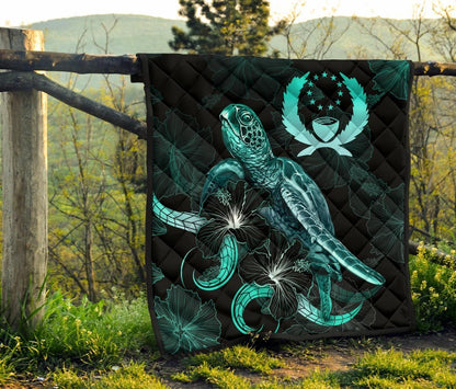 Pohnpei Polynesian Premium Quilt - Turtle With Blooming Hibiscus Turquoise