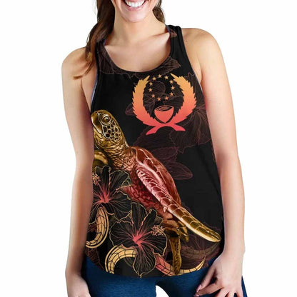 Pohnpei Polynesian Women Tank Top - Turtle With Blooming Hibiscus Gold