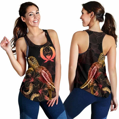 Pohnpei Polynesian Women Tank Top - Turtle With Blooming Hibiscus Gold