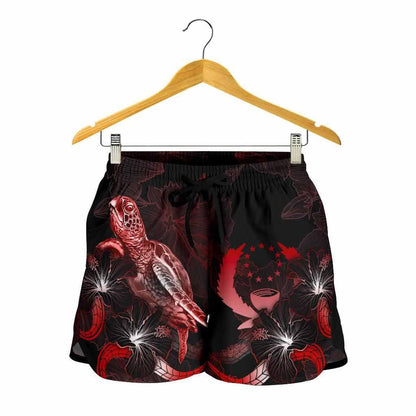 Pohnpei Polynesian Women Shorts - Turtle With Blooming Hibiscus Red