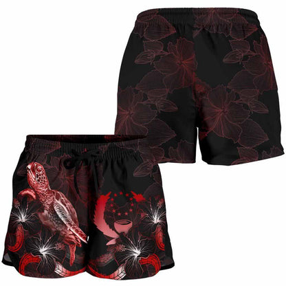 Pohnpei Polynesian Women Shorts - Turtle With Blooming Hibiscus Red