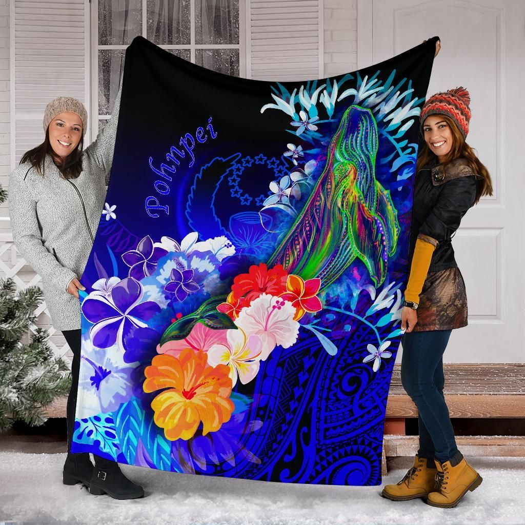 Pohnpei Premium Blanket - Humpback Whale with Tropical Flowers (Blue)