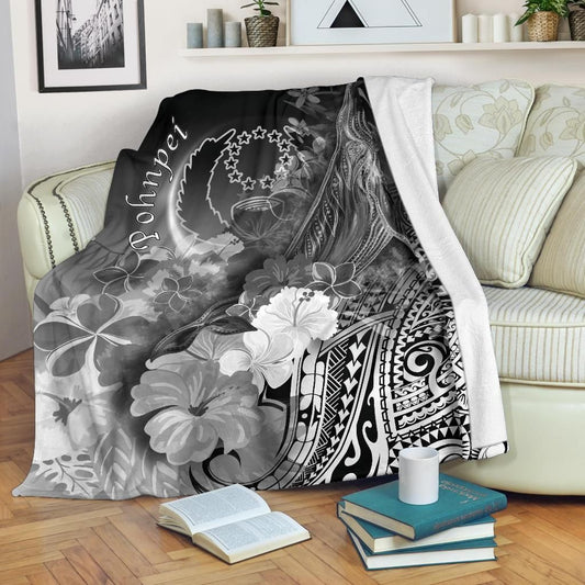 Pohnpei Premium Blanket - Humpback Whale with Tropical Flowers (White)