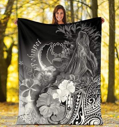 Pohnpei Premium Blanket - Humpback Whale with Tropical Flowers (White)