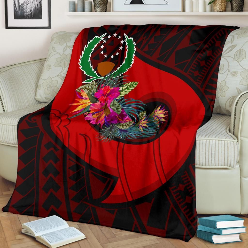 Pohnpei Premium Blanket - Polynesian Hook And Hibiscus (Red)