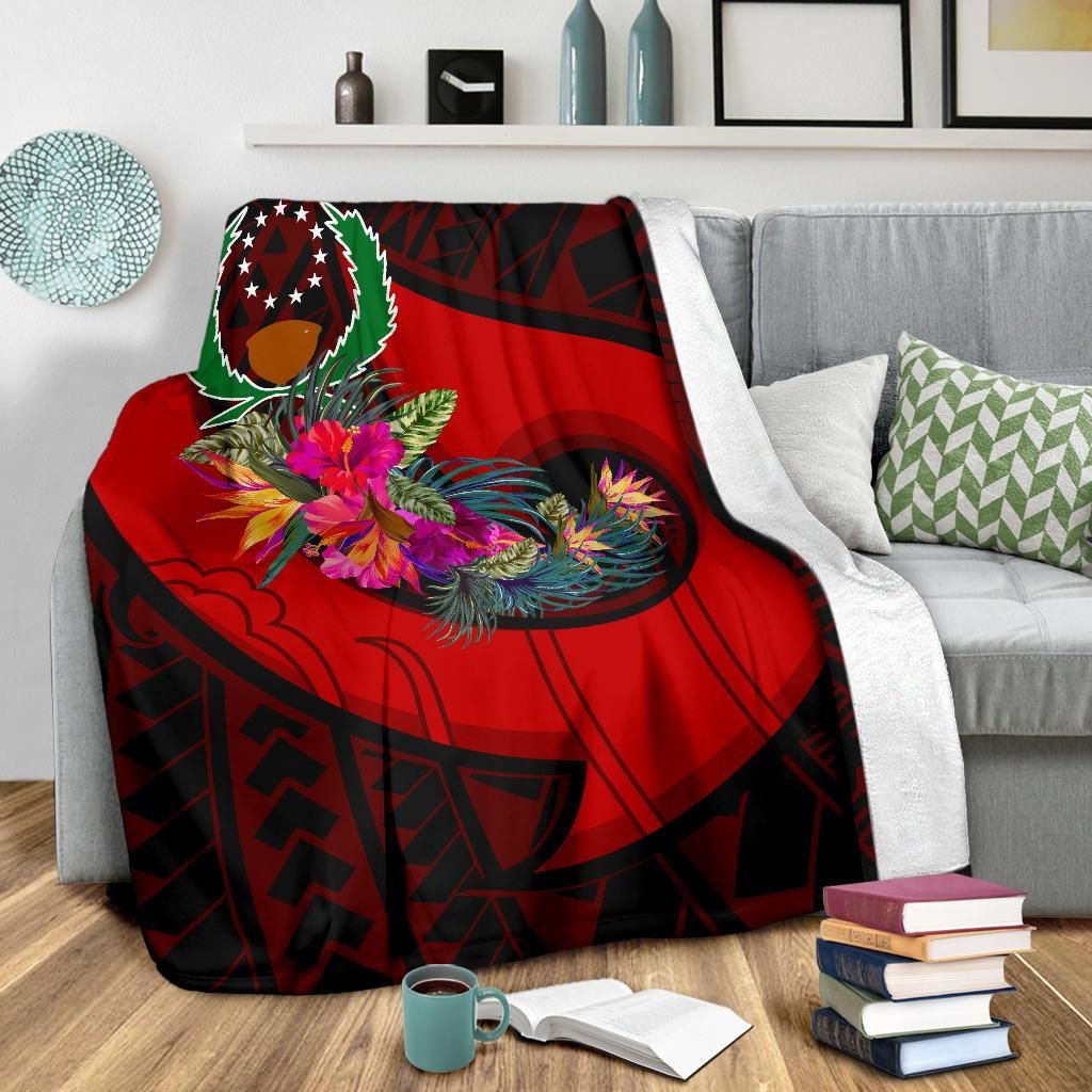 Pohnpei Premium Blanket - Polynesian Hook And Hibiscus (Red)