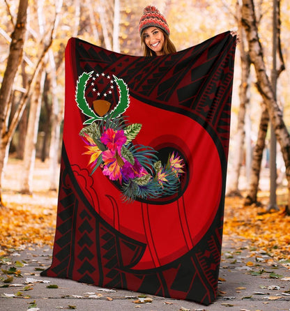 Pohnpei Premium Blanket - Polynesian Hook And Hibiscus (Red)