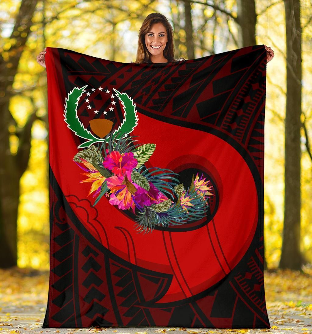 Pohnpei Premium Blanket - Polynesian Hook And Hibiscus (Red)