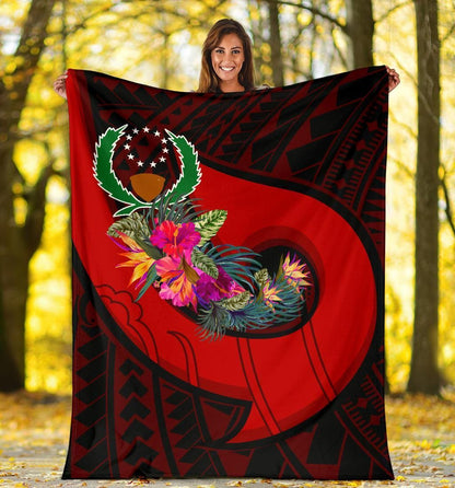 Pohnpei Premium Blanket - Polynesian Hook And Hibiscus (Red)