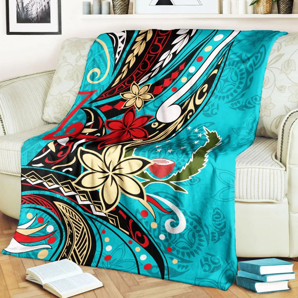 Pohnpei Premium Blanket - Tribal Flower With Special Turtles Blue Color