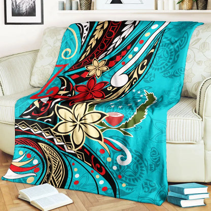 Pohnpei Premium Blanket - Tribal Flower With Special Turtles Blue Color