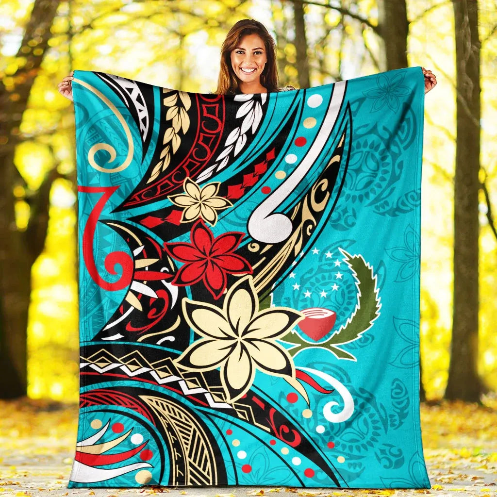 Pohnpei Premium Blanket - Tribal Flower With Special Turtles Blue Color